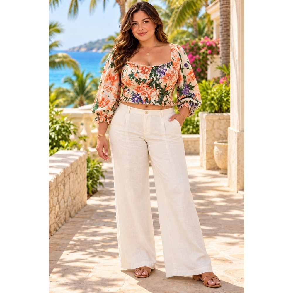 H&M Floral Smocked Crop Top XXL 2X Puff Sleeve Square Neck Resort Boho EE37